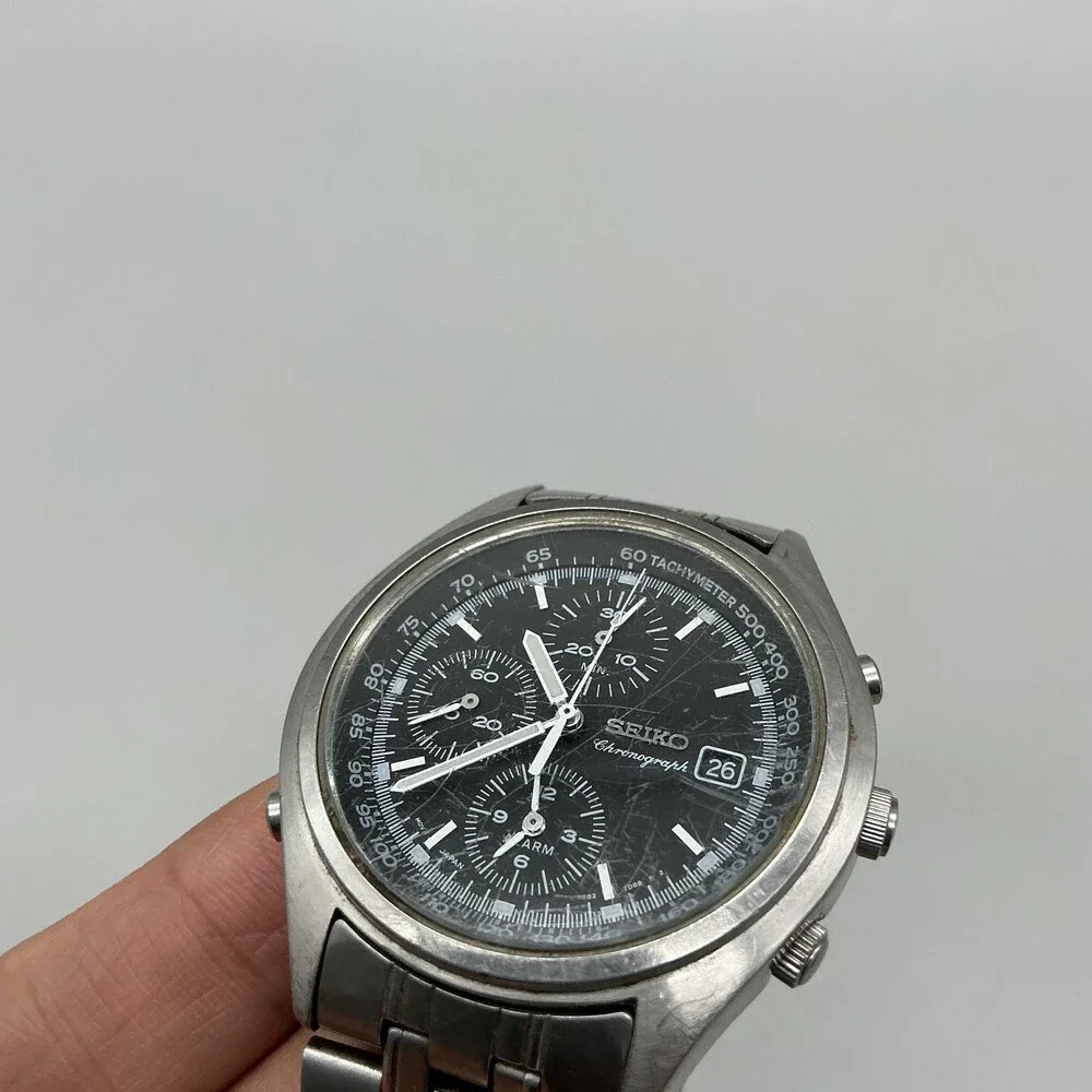 Vintage Seiko Chronograph 7T32-7C60 Mens Watch 39mm Black Dial New Battery 7.25